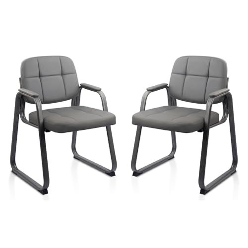 CLATINA Office Reception Guest Chair No Wheels, Leather Stationary Waiting Room Chairs with Padded Arms and Seld Base for Elderly Desk Conference Room Lobby Table Side Salon Grey 2 Pack - color: Grey-sled Base, size: 2 Pack