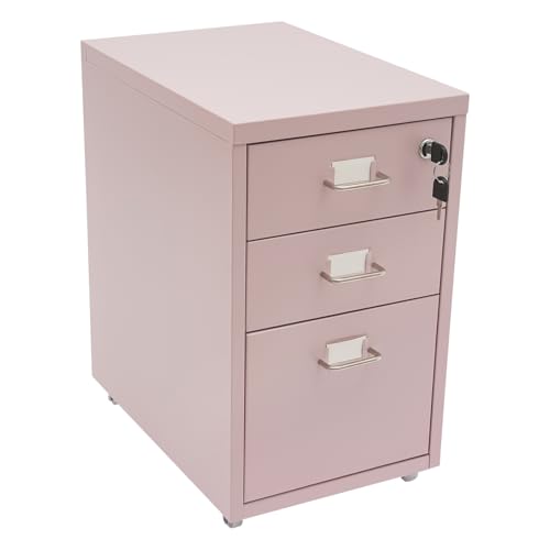 3-Drawer Vertical File Cabinet - Metal Mobile File Cabinet with Lock and Wheels - Under Desk Metal Filing Cabinet for Legal/Letter/A4 File - Fully Assembled - Home/Office Storage Cabinet (Pink) - color: Pink