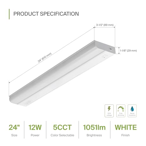ASD LED Under Cabinet Lighting Hardwired, 24 Inch 12W 2700K-5000K Selectable, 1051LM, CRI90+, Direct Wire Linkable Under Counter Lights for Kitchen, Dimmable Under Cabinet Lights, White, UL Certified - color: 24 Inch, size: 1 Pack