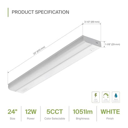 ASD LED Under Cabinet Lighting Hardwired, 24 Inch 12W 2700K-5000K Selectable, 1051LM, CRI90+, Direct Wire Linkable Under Counter Lights for Kitchen, Dimmable Under Cabinet Lights, White, UL Certified - color: 24 Inch, size: 1 Pack