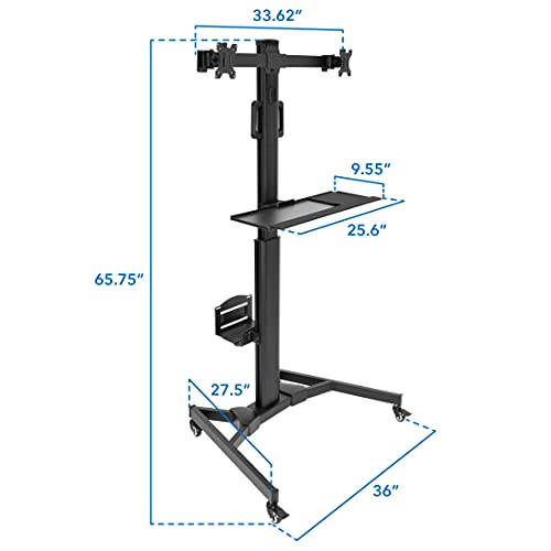 Mount-It! Dual Monitor Computer Cart – Mobile Standing Desk with Wheels, Rolling Workstation with Keyboard Tray, CPU Holder, and Adjustable Screen Mount for Office, Medical, or Warehouse - style: 2 Monitors