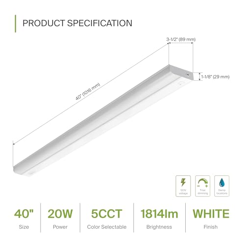 ASD LED Under Cabinet Lighting Hardwired, 40 Inch 20W 2700K-5000K Selectable, 1814LM, CRI90+, Direct Wire Linkable Under Counter Lights for Kitchen, Dimmable Under Cabinet Lights, White, UL Certified - color: 40 Inch White, size: 1 Pack