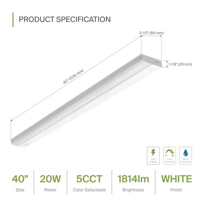 ASD LED Under Cabinet Lighting Hardwired, 40 Inch 20W 2700K-5000K Selectable, 1814LM, CRI90+, Direct Wire Linkable Under Counter Lights for Kitchen, Dimmable Under Cabinet Lights, White, UL Certified - color: 40 Inch White, size: 1 Pack