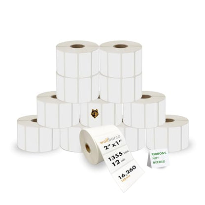 (16,260 Labels, 12 Rolls) 2" x 1" Direct Thermal Labels, White, Perforated, 1" Core, 1355 Labels/Roll – Compatible with Zebra, Rollo, Munbyn, Nelko & More Direct Thermal Printers - size: 2" x 1", style: 12 Rolls