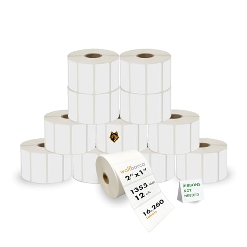 (16,260 Labels, 12 Rolls) 2" x 1" Direct Thermal Labels, White, Perforated, 1" Core, 1355 Labels/Roll – Compatible with Zebra, Rollo, Munbyn, Nelko & More Direct Thermal Printers - size: 2" x 1", style: 12 Rolls