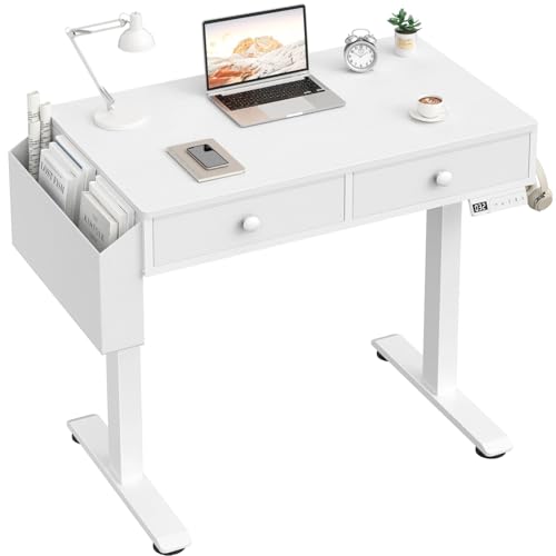 KLUVIS Small Electric Standing Desk with Drawers, 32 Inch, White - color: White, size: 31.5''