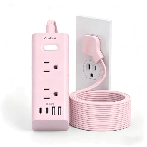 10Ft Extension Cord with Multiple Outlets,Flat Plug Power Strip Surge Protector with 10 Ft Long Cord,6 Outlet 4 USB Ports (2USB C),Multi Outlet Wall Plug for College,Dorm Essentials(Pink) - color: Pink, size: 10FT