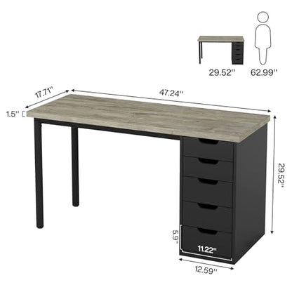 Tribesigns Computer Desk with 5 Drawers, 47 inches Rustic Brown Home Office Desk with Storage, Modern Simple Laptop Desk Study Writing Table for Small Spaces (1, Grey+Black) - color: Grey+black