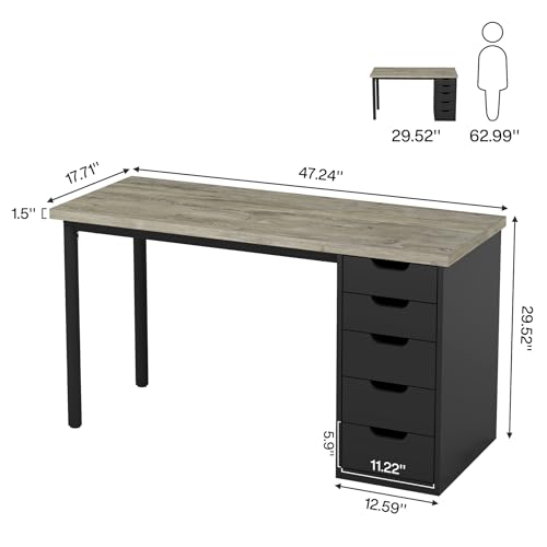 Tribesigns Computer Desk with 5 Drawers, 47 inches Rustic Brown Home Office Desk with Storage, Modern Simple Laptop Desk Study Writing Table for Small Spaces (1, Grey+Black) - color: Grey+black