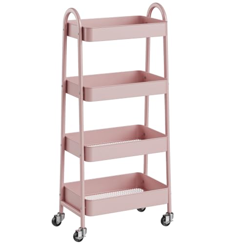 NEWBULIG 4-Tier Metal Rolling Storage Utility Cart with Lockable Wheels - color: Pink, size: 4 Tier
