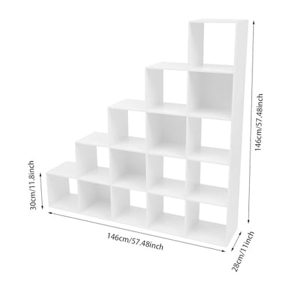 5-Tier Stepped Bookshelf, 15 Cube Storage Organizer, Freestanding Ladder Bookcase, L-Shaped Corner Shelf, Room Divider Shelf, 57.5" Tall Modern Display Shelf for Home Office Living Room - size: 15 Cubes/L-Shaped