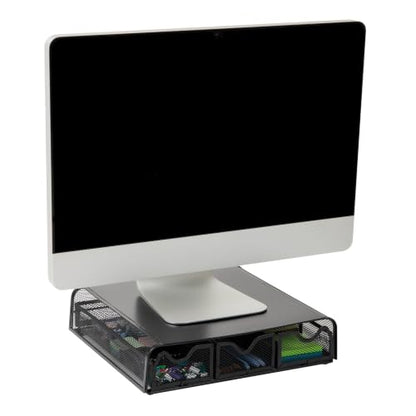 Mind Reader Monitor Stand, Ventilated Laptop Riser, Desktop Organizer, Storage, Metal Mesh, 13.25"L x 12.5"W x 3"H, Black