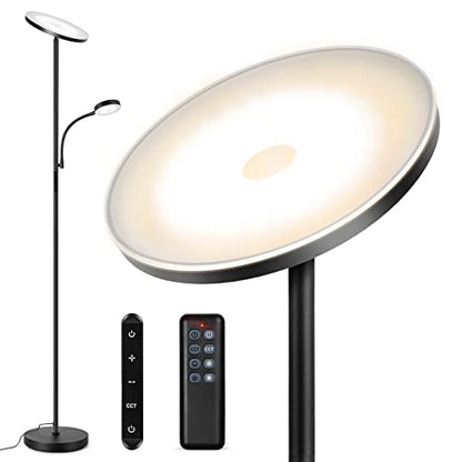 OUTON LED Floor Lamp, 27W/2400LM Modern Torchiere Lamp & 7W/ 400LM Reading Lamp, Bright Dimmable Standing Tall Lamp with 4 Color Temperature, Remote Touch Control for Living Room Bedroom Office, Black