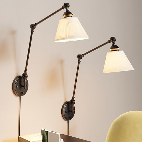 Plug in Wall Sconces Set of Two, Black Swing Arm Wall Lamp with 6.6FT Plug-in Cord and Knob Switch, Fabric Wall Lights for Bedroom, Reading, Study Room, Office, Living Room (2 Pack) - color: Black, size: 2 pack