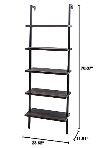 5-Shelf Modern Ladder Shelf Bookcase, Open Wall Mount Ladder Bookshelf with Metal Frame,Industrial Bookshelf and Bookcase,Wall Mounted Bookcase Wood Storage Shelf Organizer for Home Office,Dark Walnut - color: Dark Walnut&black