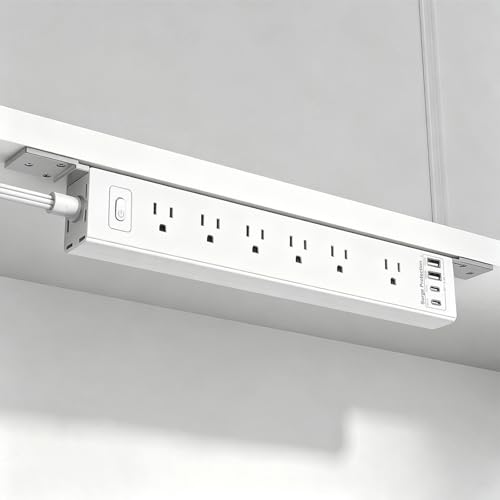 Mountable Power Strip, Wall Mount Surge Protector Power Strip with USB Ports, 6ft Flat Plug Extension Cord with Multiple Outlets for Under Desk/TV Behind - color: White