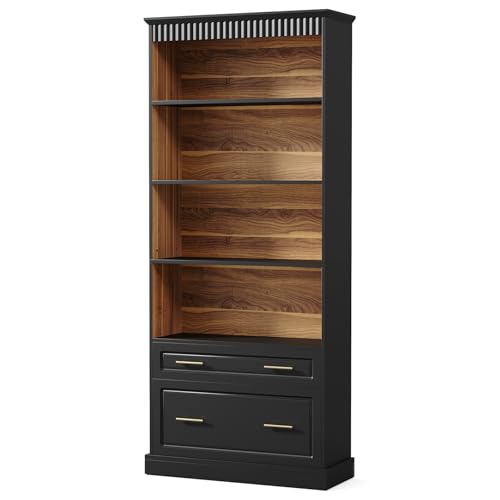LITTLE TREE 72" Tall Black Bookcase with 2 Drawers, 5-Tier Bookshelf with File Cabinet Storage, Modern Freestanding Office Storage Bookcase for Living Room, Bedroom, Home Office - color: Black