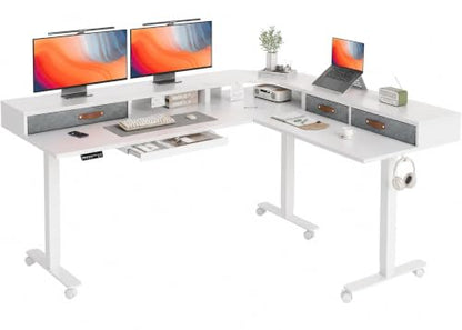 Claiks Dual Motor L Shaped Standing Desk with Drawers, 63inch, White - color: White