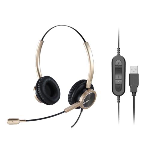 Wired Gold USB Headset with Noise-Canceling Microphone for PC, Lightweight Office USB Headphones for Call Center Office Remote Work, for Teams Zoom 3CX WebEx Calls, E-Learning & Dictation