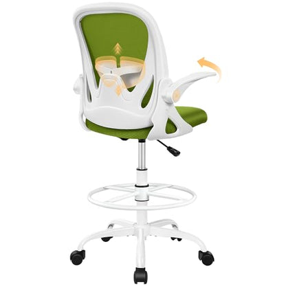 Primy Drafting Chair Tall Office Chair with Flip-up Armrests Executive Ergonomic Computer Standing Desk Chair with Lumbar Support and Adjustable Footrest Ring (AvocadoGreen) - color: Avocado Green, size: 934-Z