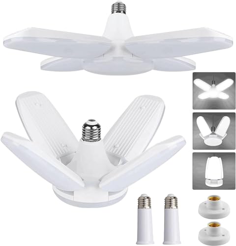 Yiliaw LED Garage Light 2 Pack 60W 6000LM Shop Lights with 2 Lamp Holder & 2 Socket Extender, 6500K Daylight Deformable Ceiling Light Fixture, Screw in Garage Lights for Basement Warehouse Office - size: New 2 pack