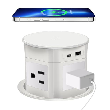 7-in-1 Pop Up Outlet with 15W Wireless Charger,3.86 inch Hole; 4 Outlets 1875W Overload Protection, USB-A,USB C Ports PD 20W,6.5FT 16AWG Cable UL Testing for Office Home-White - color: Super charging - White