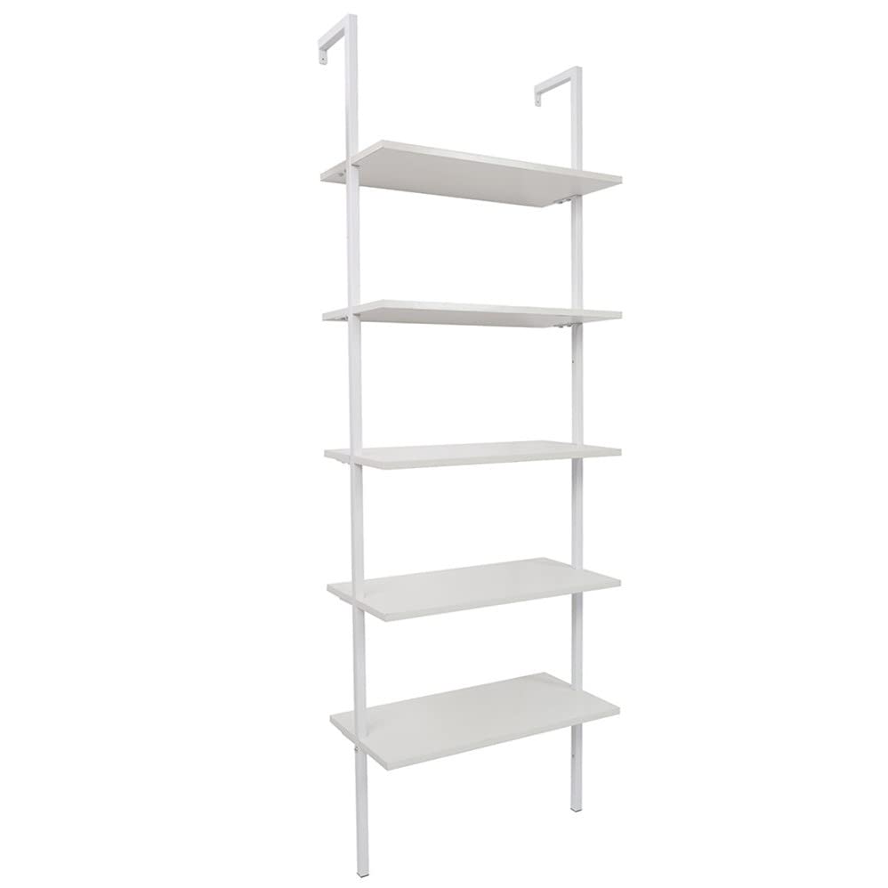 Ladder Shelf Bookshelf, 5-Tier Industrial Bookshelf with Metal Frame and Wood Board, Wall Mounted Bookcase Open Shelf Organizer for Living Room,Home Office, Bedroom, White - color: White