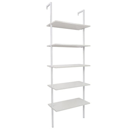 Ladder Shelf Bookshelf, 5-Tier Industrial Bookshelf with Metal Frame and Wood Board, Wall Mounted Bookcase Open Shelf Organizer for Living Room,Home Office, Bedroom, White - color: White
