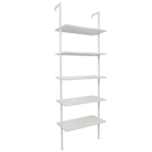 Ladder Shelf Bookshelf, 5-Tier Industrial Bookshelf with Metal Frame and Wood Board, Wall Mounted Bookcase Open Shelf Organizer for Living Room,Home Office, Bedroom, White - color: White