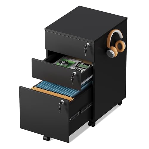 DEVAISE 3 Drawer Wood File Cabinet with Individual Locks, Black - color: Black
