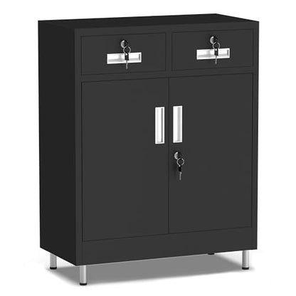 Metal Storage Cabinet with Locking Doors and 2 Drawers, Lockable Storage Cabinet with Adjustable Shelf for Home Office Garage Entryway Pantry (Black)