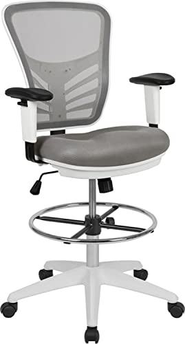 Flash Furniture Tyler Mid-Back Light Gray Mesh Ergonomic Drafting Chair with Adjustable Chrome Foot Ring, Adjustable Arms and White Frame - color: Light Gray Mesh/White Frame