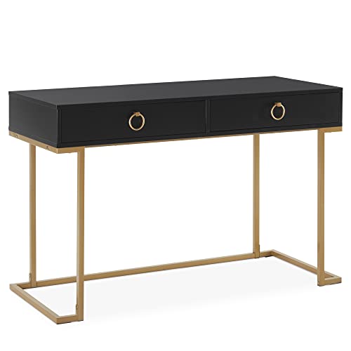 BELLEZE Modern 45 Inch Makeup Vanity Dressing Table or Home Office Computer Laptop Writing Desk with Two Storage Drawers, Wood Top, and Gold Metal Frame - Chelsea (Matte Black) - color: Matt Black, size: 45" L Shape