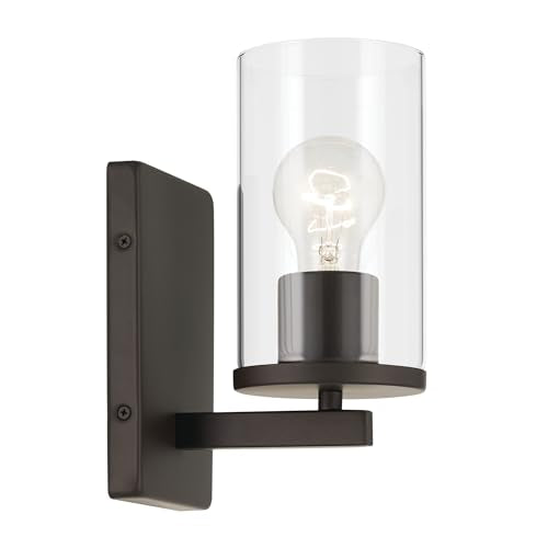 Kichler Crosby 1-Light Bathroom Wall Light, Olde Bronze | Clear glass wall light for bathrooms, hallways and bedrooms (4.5" x 9.25"), 45495OZCLR - color: Old Bronze, size: 1 Light, style: Clear Glass