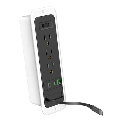Recessed Power Strip with Retractable USB C Cable,2 PD 20W USB C,Flush Mount Countertop Drawer Outlet, Furniture Hidden Outlet for Side Table,End Table,3 Outlets (Black and White, 6FT-20W) - color: Black and white, size: 6FT-20W USB