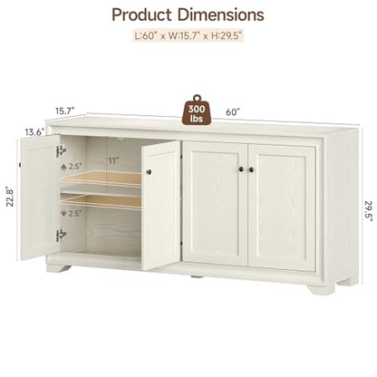 ONBRILL 60" Buffet Cabinet with Storage, 4 Doors & Adjustable Shelves, Grey - color: Grey