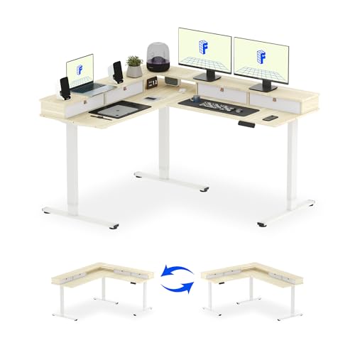 FLEXISPOT Reversible L-Shaped Corner Standing Desk with Monitor Shelf | 63x55", Maple, 4 Storage Drawers, Height Adjustable, Anti-Collision, Memory Presets, Sit Stand Desk for Home Office & Gaming - size: 63x55"丨Maple