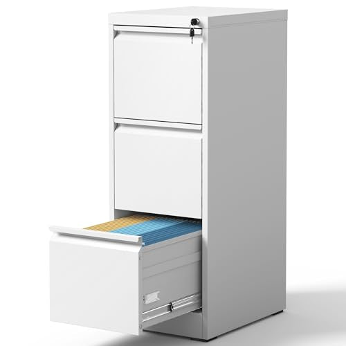 3 Drawer File Cabinet with Lock, Metal Vertical Filing Cabinets for Home Office, Steel Storage Cabinet for Hanging Legal/Letter Size Files, Assembly Required (White)
