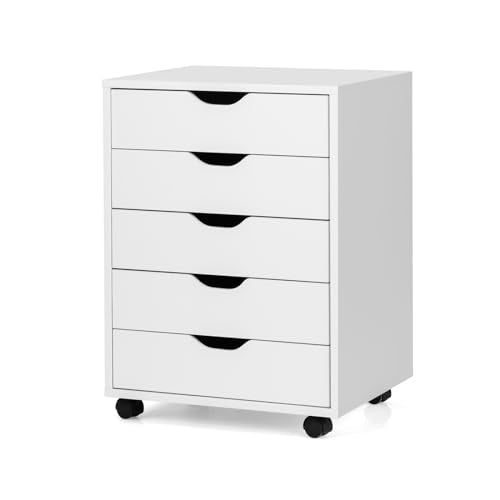 5 Drawers File Storage Cabinet, 26.5" Vertical Filling Cabinet for Home Office, Under Desk Office Drawer Organizer, Universal & Lockable Casters, Rolling Printer Storage Rack (White) - color: White, size: 19” x 16” x 26”