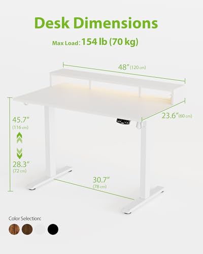 Agilestic 48 * 24 Inch Electric Standing Desk with Shelf & Led, White - color: Led-white, size: 48 x 24 Inches with led and power strips
