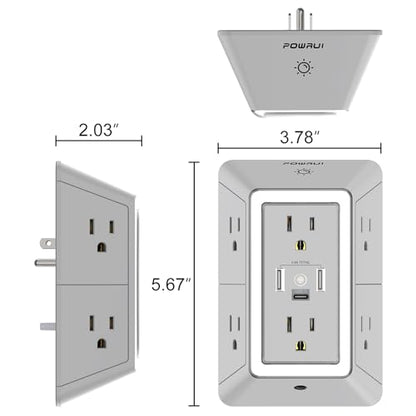 Multi Plug Wall Outlet Night Light, POWRUI 6 Outlet Extender & 3 USB Ports - color: Grey(6Outlets/Night Light), size: 2U1C