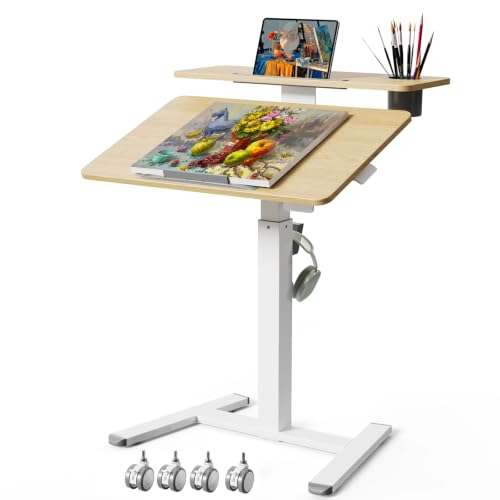 28" Mobile Standing Desk, Tiltable Top with 2-Tier Shelves, Maple | Pneumatic Rolling Desk, Adjustable Height Computer Workstation, Sit Stand Portable Drafting Table & Laptop Cart on Wheels - color: Maple, size: 28"