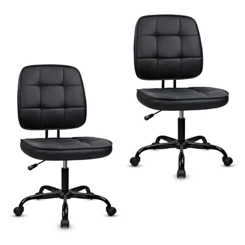 CLATINA Armless Home Office Chair with Lumbar Support and Wheels, Small PU Leather Ergonomic Low Back Desk Chairs No Arms, Adjustable Height 360° Swivel Rolling Computer Task Chair, Black, 2 Pack - color: Black-heibao, size: 2 Pack