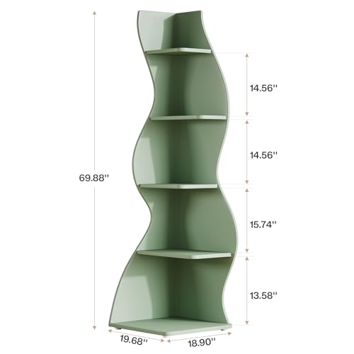 Tribesigns Wavy Corner Shelf, Modern 5-Tier Bookshelf Bookcase with Curvy Shape, Unique Plant Stand Display Rack for Living Room Small Space (Green) - color: Green