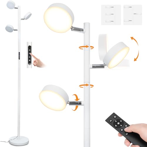 JUNNAI White Floor Lamp with Remote Tall Standing Lamps 30W LED Tree Floor Lamp with 3 Adjustable Heads Touch Control Timer 4 Color Temperatures Light Lamps for Living Room Office Bedroom Crafting - color: White