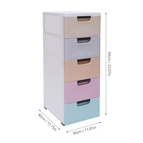 5-Tier Plastic Drawers Storage Dresser, Rolling Narrow Slim Dresser with Wheels, Stackable Vertical Storage Tower Storage Organizer for Small Space Home Furniture Office (Colorful)