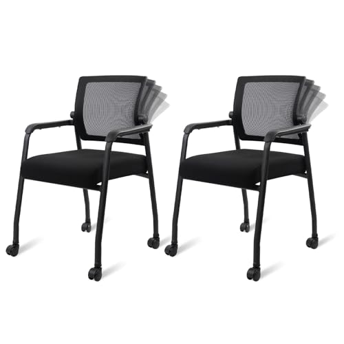 KLASIKA Waiting Room Office Reception Stackable Chairs with Wheels Ergonomic Mesh Back Home Desk Chair with Thick Cushion and Arm for Guest Conference Meeting Lobby Church Medical (2 PK) - color: Black, size: 2 PK