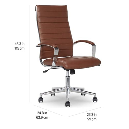 Amazon Basics High-Back Swivel Office Chair with Lumbar Support, Ergonomic Ribbed Faux Leather, Adjustable Height, 24.75"D x 23.25"W x 45.25"H, Brick Red - color: Brick Red