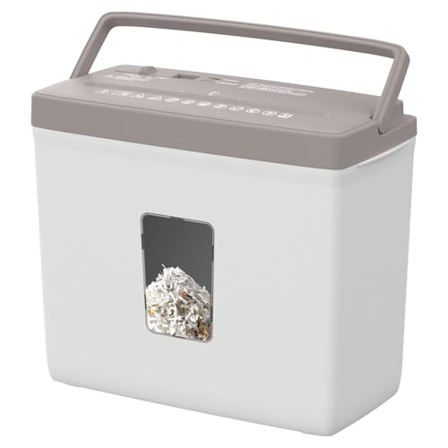Suntiko Compact 5-Sheet Cross Cut Shredder Brown + White | P4 Privacy Protection, Jam Proof Reverse Mode, Thermal Safety, 2.38Gal Transparent Bin for Home Desk - color: withe