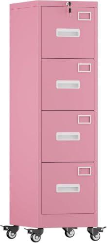 METAN 4-Drawer Pink Metal File Cabinet with Lock and Wheels | 17.7"D x 15"W x 54"H vertical cabinet with 4 full-extension drawers for letter/legal folders; assembly required - color: Pink, size: 4 Drawers-54"H